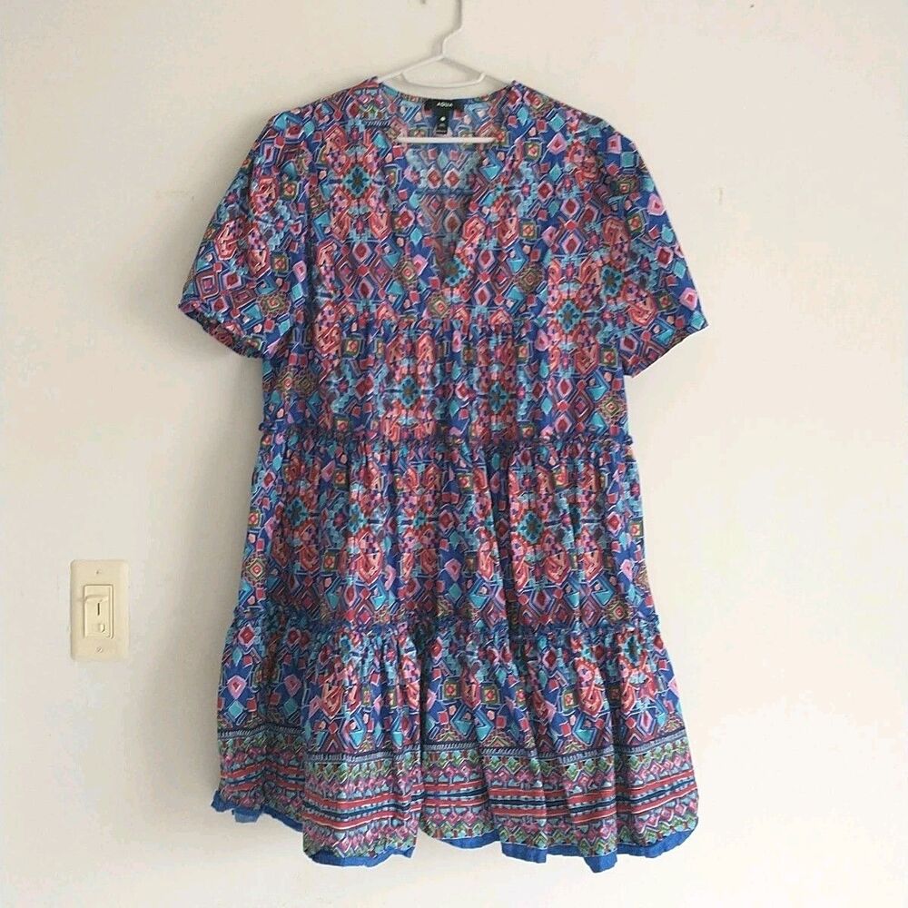 AQUA Sun Dress L/M*Blue Red Geometric Ruffles Short Sleeve V-Neck Cotton Tiered